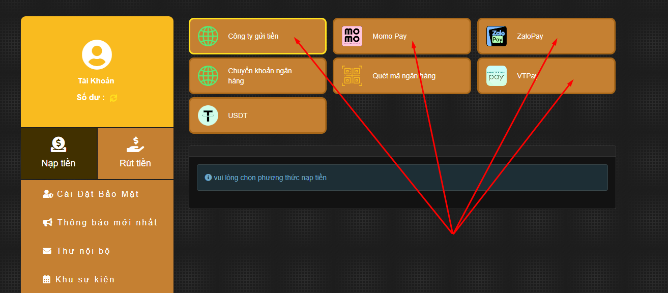 Chọn phương thức giao dịch qua ví điện tử ZaloPay hoặc Momo